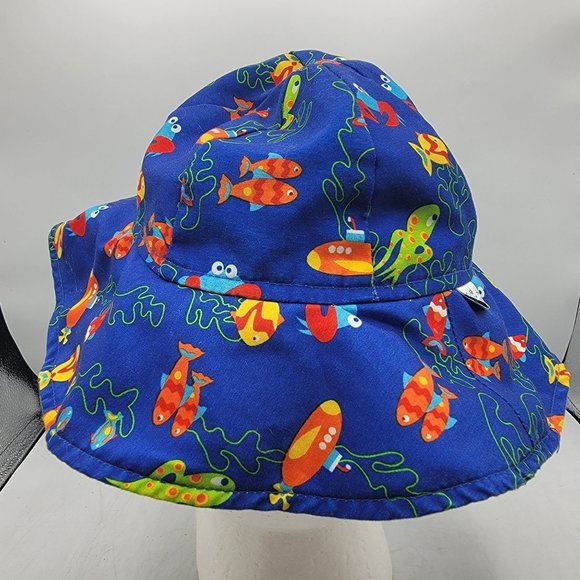 Wee Wave Floppy Blue Sun Hat Cap Ocean Beach Submarine Fish Squid Octopus - Picture 3 of 8
